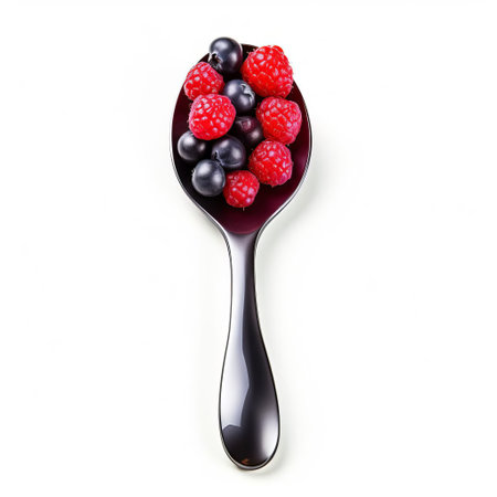 a delicate berry spoon, perfectly isolated on a pristine white background, showcases its elegant design and functionality, ideal for serving and savoring juicy berries, fruits, and desserts at outdoor gatherings, picnics, or intimate dinner parties. ai generatedの素材