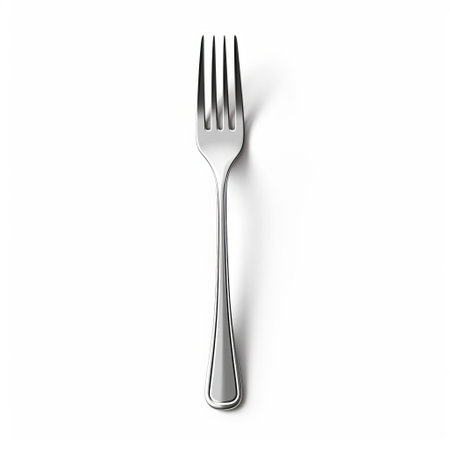 a stainless steel dining fork lies isolated on a pristine white background, its slender tines and curved handle gleaming in the light, perfect for adding a touch of elegance to any table setting, dinner party, or fine dining experience, showcasing sophistication and refinement. ai generatedの素材