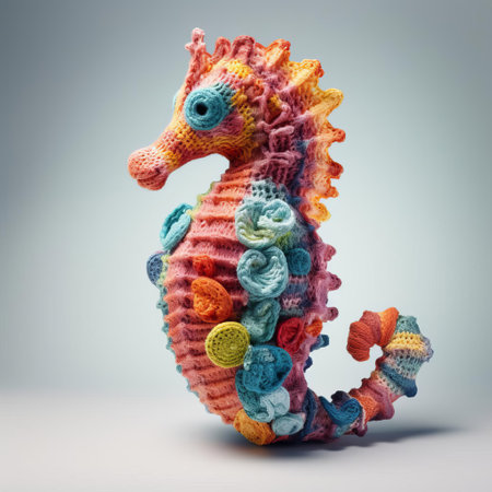 this adorable knitted seahorse sits proudly against a crisp white background, showcasing its intricately stitched scales and delicate fins, perfect for marine life enthusiasts and crafty individuals who appreciate handmade textiles and underwater creatures. ai generatedの素材