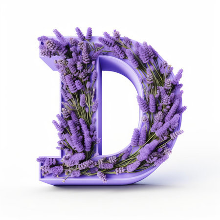 the letter d, beautifully crafted in a 3d cartoon style, pops against a pristine white background, surrounded by a soothing lavender hue that evokes feelings of calmness and serenity, perfect for design elements, educational materials, or decorative accents. ai generatedの素材