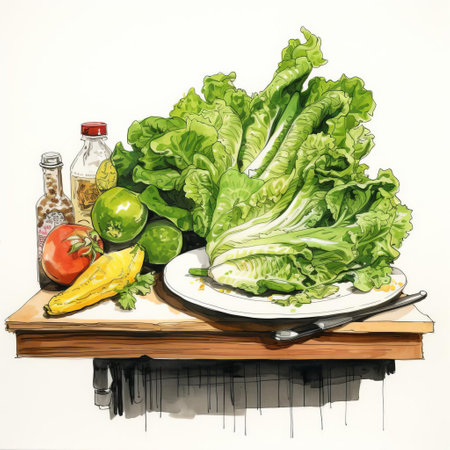 a plate of fresh green lettuce sits elegantly on a rustic wooden bar, surrounded by subtle lighting, evoking a sense of healthy dining and casual gatherings, perfect for a quick lunch or social evening with friends, highlighting the simplicity of natural ingredients. ai generatedの素材