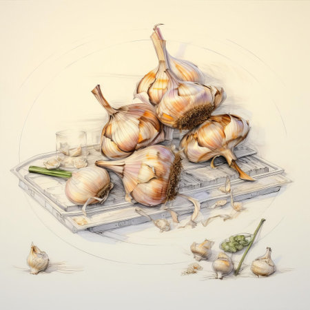 a rustic plate of garlic sits elegantly on a worn wooden bar, surrounded by subtle hints of a bustling kitchen, evoking the aromas of a savory dish in the making, perfect for a culinary enthusiast or foodie's inspiration, highlighting the beauty of everyday ingredients. ai generatedの素材