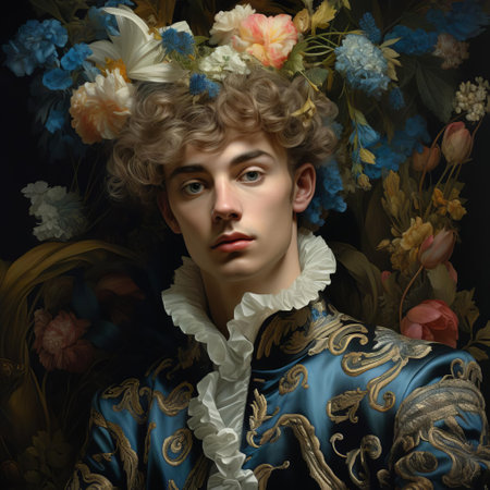 the majestic male peacock, resplendent in his rococo-inspired plumage, spreads his vibrant tail feathers, showcasing a stunning display of iridescent blues and emerald greens, a true marvel of nature's artistry, evoking the opulence and grandeur of 18th-century european decorative arts. ai generatedの素材