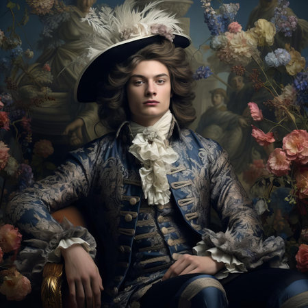 the elegant male peacock showcases its stunning rococo-inspired plumage, featuring intricate patterns and vibrant hues of emerald green, sapphire blue, and amber, set against a lush green background, epitomizing the opulence and grandeur of the baroque era in nature. ai generatedの素材