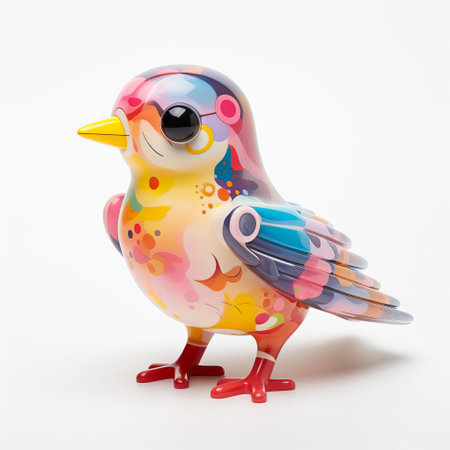 the bird, a vibrant vinyl toy from superplastic, perches proudly against a crisp white background, showcasing its bold colors and quirky design, perfect for collectors and enthusiasts of fun and quirky decorative items for the home or office. ai generatedの素材
