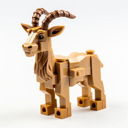 the goat, crafted from vibrant lego bricks, stands proudly on a pristine white background, showcasing its intricately designed full body, complete with curved horns and a fluffy beard, making for a unique and playful still life photography subject. ai generatedの素材