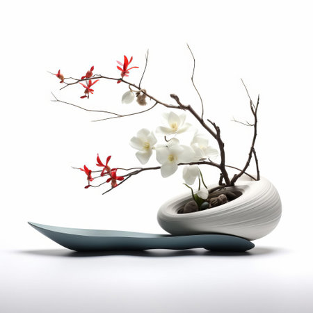 the ikebana, a traditional japanese art of flower arrangement, beautifully showcases its elegant simplicity on a pristine white isolated background, highlighting the delicate petals and stems of the carefully selected flowers, evoking a sense of serenity and harmony in this stunning still life photography. ai generatedの素材