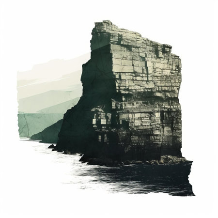 the cliff, a majestic retro landscape, stands proudly in this stunning minimalist monotype print, evoking feelings of serenity and calmness, with its simple yet bold design, reminiscent of a bygone era, perfect for adding a touch of vintage charm to any modern space, while celebrating the beauty of nature. ai generatedの素材