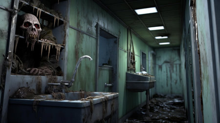 the undead creature stands eerily still in the dimly lit bathroom, surrounded by old toiletries and a broken mirror, its tattered clothes and gruesome wounds a testament to its apocalyptic origins, as if risen from the grave to haunt this abandoned space in a post-apocalyptic world of survival horror games. ai generatedの素材