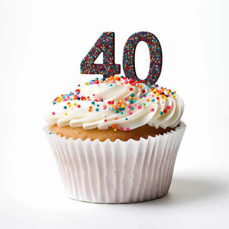 the cake, adorned with numerals forty in bold black font, sits elegantly on a pristine white background, showcasing a beautiful dessert perfect for a 40th birthday celebration, anniversary, or any special occasion, with its simplicity and sophistication making it a stunning centerpiece. ai generatedの素材
