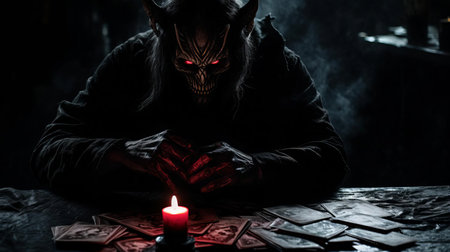 the demon game character stands ominously in the dark, eerie atmosphere, surrounded by mysterious shadows and faint, flickering lights, evoking a sense of foreboding and dread, as if the darkness itself is coming to life in this haunting, gothic-inspired digital artwork. ai generatedの素材