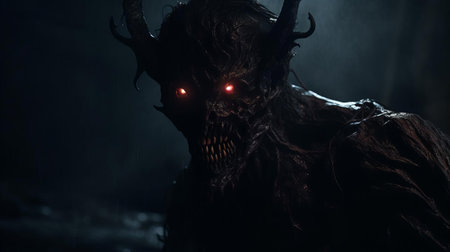 the demon game character stands ominously in the dark, eerie atmosphere, surrounded by flickering candles and mysterious shadows, evoking a sense of foreboding and terror, as if summoning dark forces in this haunting, gothic-inspired digital artwork, perfect for fans of dark fantasy and horror games. ai generatedの素材