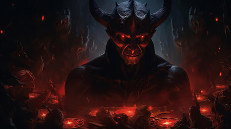 the demon game character stands ominously in the dark, surrounded by eerie shadows, its glowing red eyes piercing through the darkness, evoking a sense of foreboding and fear, perfect for fans of dark fantasy and horror games, with a hint of mystery and suspense. ai generatedの素材