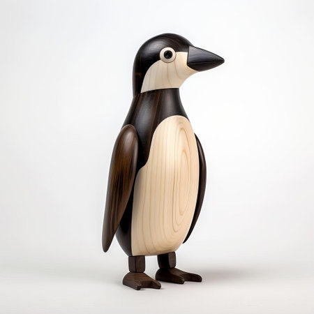 the handmade wood auk, meticulously crafted with precision, stands proudly on a pristine white background, showcasing its full body in all its glory, highlighting the intricate details of its wooden feathers and beak, evoking a sense of rustic charm and natural beauty, perfect for nature enthusiasts and bird lovers alike. ai generatedの素材