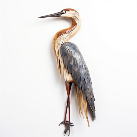 the heron, crafted from natural wood, stands elegantly on a pristine white background, showcasing its slender full body, long neck, and delicate feathers, evoking a sense of serenity and tranquility, perfect for nature-inspired home decor and wildlife enthusiasts. ai generatedの素材