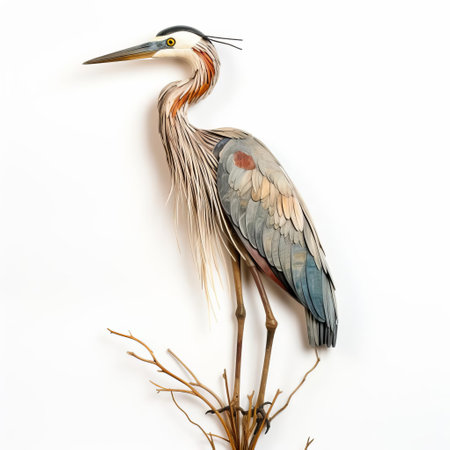 the heron, a majestic and elegant bird, is beautifully captured in this stunning handmade wooden sculpture, showcasing its full body on a crisp white background, highlighting the intricate details and textures of the woodwork, perfect for nature lovers and bird enthusiasts. ai generatedの素材