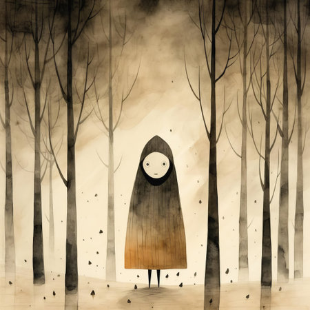 the girl, with a mischievous glint in her eye, stands confidently in a dark forest, surrounded by towering trees, in this captivating illustration by jon klassen, showcasing his signature minimalist style and mastery of expressive character design in children's literature. ai generatedの素材