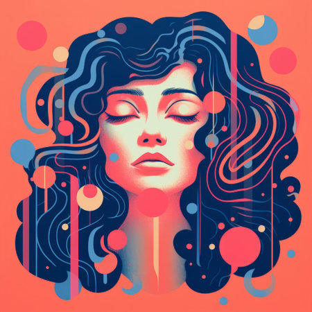 the woman in this vibrant illustration embodies the eclectic spirit of risograph design, surrounded by swirling patterns and bold colors, her confident pose and striking features blending seamlessly with the abstract shapes and textures, evoking a sense of playful femininity and creative freedom. ai generatedの素材