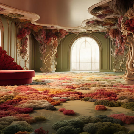 the carpet wallpaper features a stunning floral pattern in soft, calming hues, adding warmth and texture to any room, perfect for creating a cozy atmosphere, and ideal for living rooms, bedrooms, and hallways, with its subtle sheen and intricate design details. ai generatedの素材