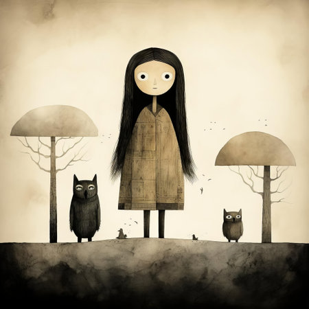 the forest landscape surrounding environment features a few trees and animals, all rendered in a distinctive monochromatic style that adds to the overall somber yet intriguing atmosphere, evoking a sense of mystery and solitude, perfect for nature lovers and fans of minimalist art. ai generatedの素材