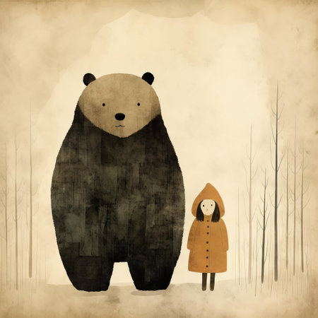 the girl, with her bright orange hat and curious expression, sits alone in a crowded forest, surrounded by trees and animals, in this whimsical illustration by jon klassen, evoking a sense of quiet contemplation and imaginative storytelling in children's literature. ai generatedの素材