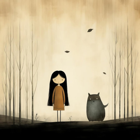 the girl, illustrated with simplicity and charm, sits alone in a crowded room, her bright yellow dress and red purse a stark contrast to her melancholic expression, evoking feelings of loneliness and isolation in this poignant artwork by acclaimed author and illustrator jon klassen. ai generatedの素材