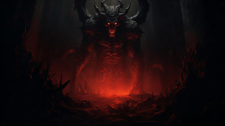 the demon game player sits alone in the dark, surrounded by eerie shadows, intensely focused on the screen as the game's haunting soundtrack echoes through the dimly lit room, creating an ominous atmosphere of mystery and suspense. ai generatedの素材