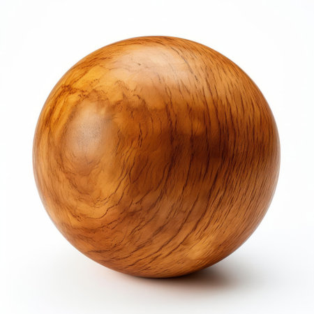 the handmade wood ball, crafted with precision and care, sits elegantly on a pristine white background, showcasing its full body in all its natural beauty, highlighting the intricate textures and patterns of the wood, perfect for decorative or artistic purposes. ai generatedの素材