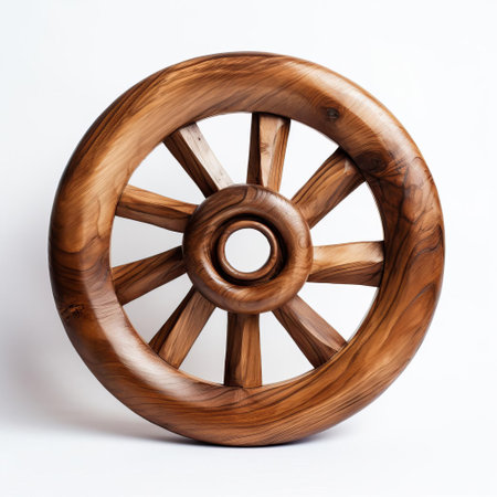the wooden wheel, crafted with precision and care, sits proudly on a pristine white background, showcasing its intricate details and natural beauty, evoking a sense of rustic charm and vintage appeal, perfect for rustic home decor, wooden furniture, and diy enthusiasts. ai generatedの素材