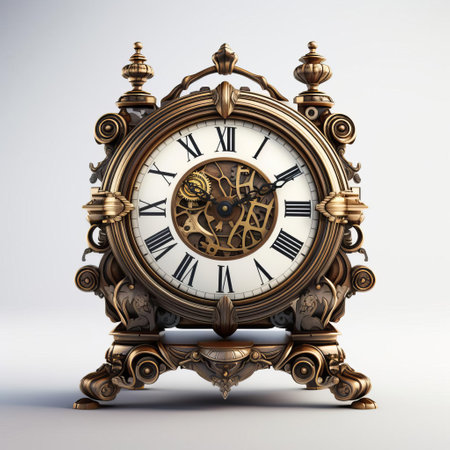 the clock stands proudly on a pristine white background, its intricate 3d design showcasing every detail of its mechanical structure, from the delicate clock hands to the subtle textures of its circular face, creating a mesmerizing visual effect that highlights the beauty of timekeeping. ai generatedの素材