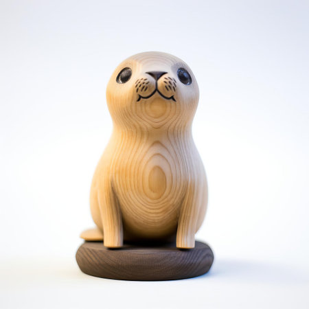 the wooden seal, meticulously handcrafted with precision, sits proudly on a pristine white background, showcasing its full body in all its glory, highlighting the intricate details of its fur and whiskers, evoking a sense of marine wildlife and coastal charm, perfect for nature enthusiasts and decorators alike. ai generatedの素材