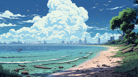 the shoreline illustration, rendered in vibrant 16-bit colors, captures the serene beauty of a coastal landscape, featuring gentle waves, sandy dunes, and a picturesque horizon, evoking feelings of tranquility and relaxation, perfect for digital art enthusiasts and beach lovers alike. ai generatedの素材