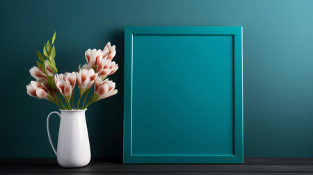 the turquoise frame sits elegantly on a navy background in this stunning mockup, perfect for showcasing your favorite artwork or photography, adding a touch of coastal chic and sophistication to any room's decor with its calming blue hues and vibrant turquoise accents. ai generatedの素材