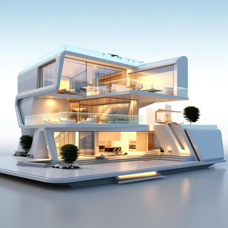 this stunning 3d home design stands out against a crisp white background, showcasing its sleek, ultra-modern architecture and futuristic features, perfect for those who crave a luxurious and contemporary living space with cutting-edge style and sophistication. ai generatedの素材