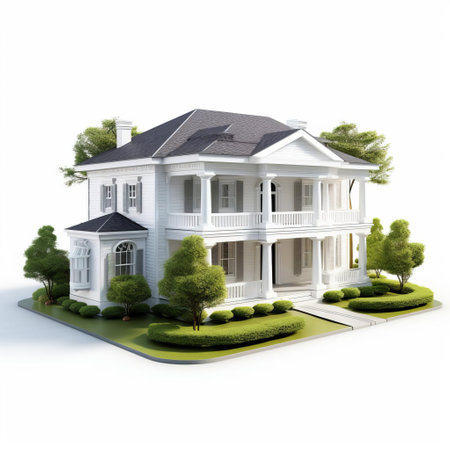 the 3d home, set against a pristine white background, showcases a charming southern-style residence with a wraparound porch, columned facade, and a warm, inviting exterior, perfect for a cozy family retreat or a relaxing vacation getaway in the heart of the countryside. ai generatedの素材
