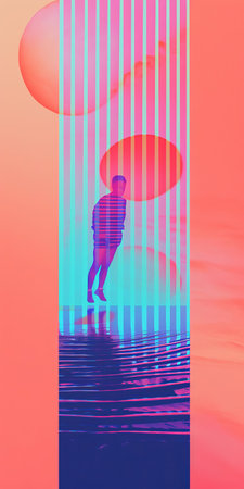 trampoline stands alone in a bold, minimalist landscape, its vibrant colors and geometric shapes disrupted by a mesmerizing glitch art effect, evoking a sense of futuristic playfulness and rebellious freedom, as if defying gravity and convention in a risograph-printed dreamscape. ai generatedの素材