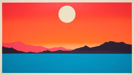 lake scenery shines bright in this vibrant 1970s-inspired screen print, showcasing stunning color blocking techniques that evoke a sense of retro nostalgia, transporting viewers back to a bygone era of funky patterns and bold artistic expression. ai generatedの素材