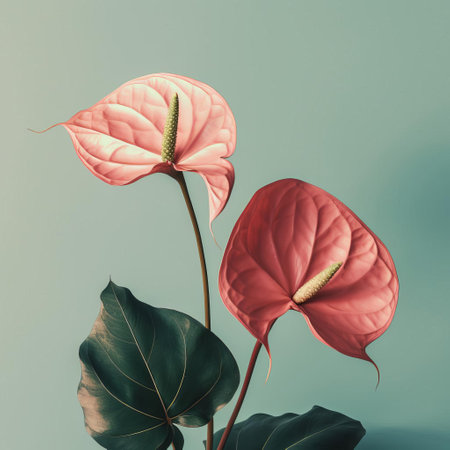 the anthurium plant stands out against a simple, minimal, and vintage-inspired background, showcasing its elegant, heart-shaped leaves and vibrant, long-lasting flowers, adding a touch of tropical charm and sophistication to any space or design. ai generatedの素材