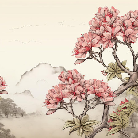rhododendron flowers bloom beautifully against a soft, muted background, evoking a sense of nostalgia and simplicity, perfect for nature-inspired designs, floral patterns, and vintage aesthetic enthusiasts, adding a touch of elegance and sophistication to any project or digital creation. ai generatedの素材