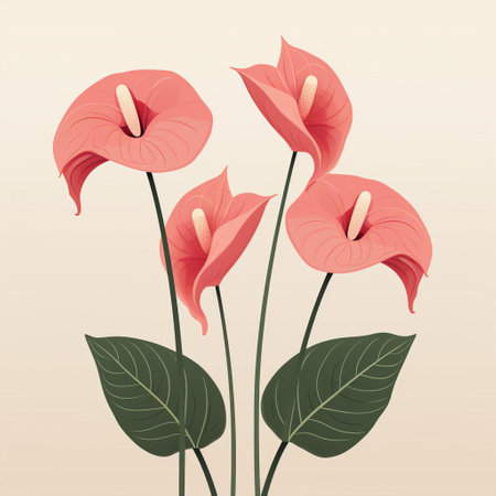 the anthurium plant stands out against a simple, minimal, and vintage-inspired background, showcasing its elegant, heart-shaped flowers and long, slender leaves, evoking a sense of nostalgia and sophistication, perfect for nature lovers and fans of retro aesthetics. ai generatedの素材