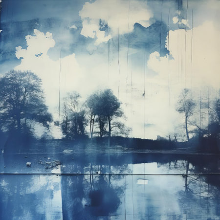 the serene cyanotype landscape photograph showcases a dreamy, monochromatic scene of rolling hills, majestic trees, and a meandering river, evoking a sense of tranquility and connection to nature, perfect for art enthusiasts and fans of alternative photography processes. ai generatedの素材