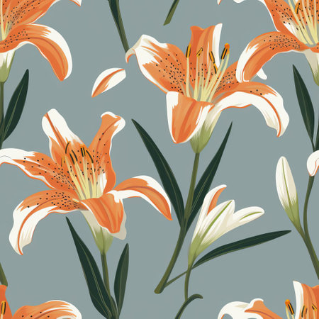 the tiger lily blooms majestically against a simple, minimal, and vintage-inspired background, evoking a sense of timeless elegance and sophistication, perfect for nature enthusiasts and fans of classic floral arrangements, adding a touch of understated charm to any room or digital project. ai generatedの素材