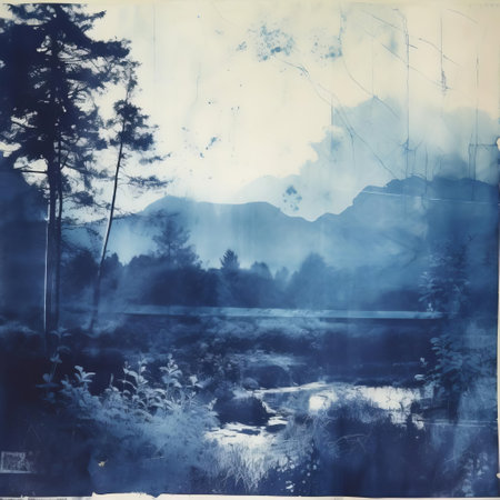the serene cyanotype landscape photograph showcases a dreamy, ethereal scene of rolling hills, majestic trees, and a tranquil lake, evoking feelings of calmness and serenity, with the cyan blue tone adding a sense of mystery and nostalgia to this natural wonder. ai generatedの素材