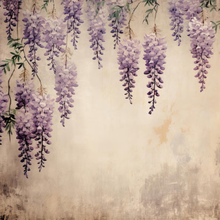 wisteria blooms beautifully against a soft, serene vintage background, evoking a sense of classic elegance and sophistication, perfect for romantic wedding invitations, feminine blog designs, or whimsical wall art, capturing the essence of spring's gentle charm and beauty. ai generatedの素材