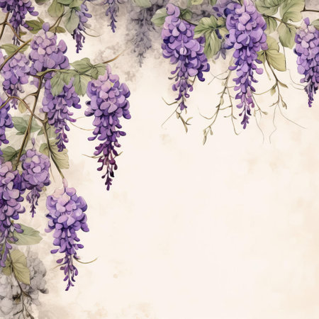 wisteria blooms beautifully against a soft, muted background, evoking a sense of nostalgia and romance with its delicate, cascading purple flowers and lush, verdant foliage, perfect for adding a touch of vintage charm to any design or decor. ai generatedの素材