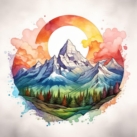 clements mountain stands majestically in this stunning watercolor design, capturing the serene beauty of glacier national park's majestic peaks, lush forests, and sparkling lakes, evoking a sense of adventure and tranquility in the heart of montana's wilderness landscape. ai generatedの素材