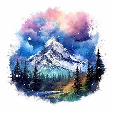 clements mountain stands majestically in this stunning watercolor design, showcasing its rugged grandeur amidst a serene landscape of rolling hills and misty skies, evoking a sense of tranquility and adventure in the heart of glacier national park, montana. ai generatedの素材