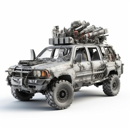 a 3d apocalyptic car, ravaged by time and destruction, sits isolated on a stark white background, showcasing its worn, rusty exterior and shattered windows, evoking a sense of desolation and post-apocalyptic chaos, perfect for sci-fi and dystopian themed designs and illustrations. ai generatedの素材