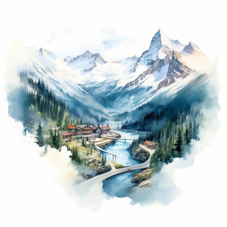 dawson pass, a majestic mountain pass in glacier national park, montana, is beautifully captured in this stunning watercolor design, showcasing the serene alpine lake, lush green forests, and towering mountain peaks, evoking a sense of adventure and tranquility in the heart of the rocky mountains. ai generatedの素材