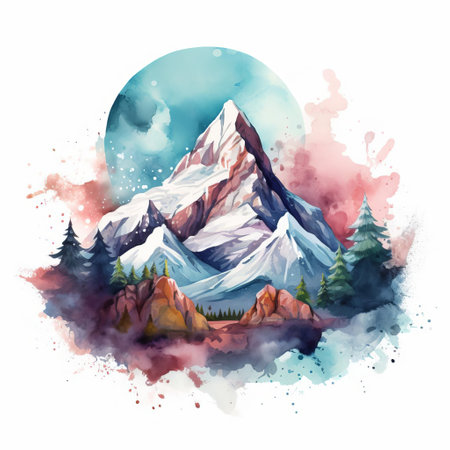 clements mountain stands majestically in this stunning watercolor design, capturing the essence of glacier national park's majestic scenery, with rolling hills, snow-capped peaks, and serene lakes, evoking a sense of tranquility and awe, perfect for nature lovers and art enthusiasts alike. ai generatedの素材